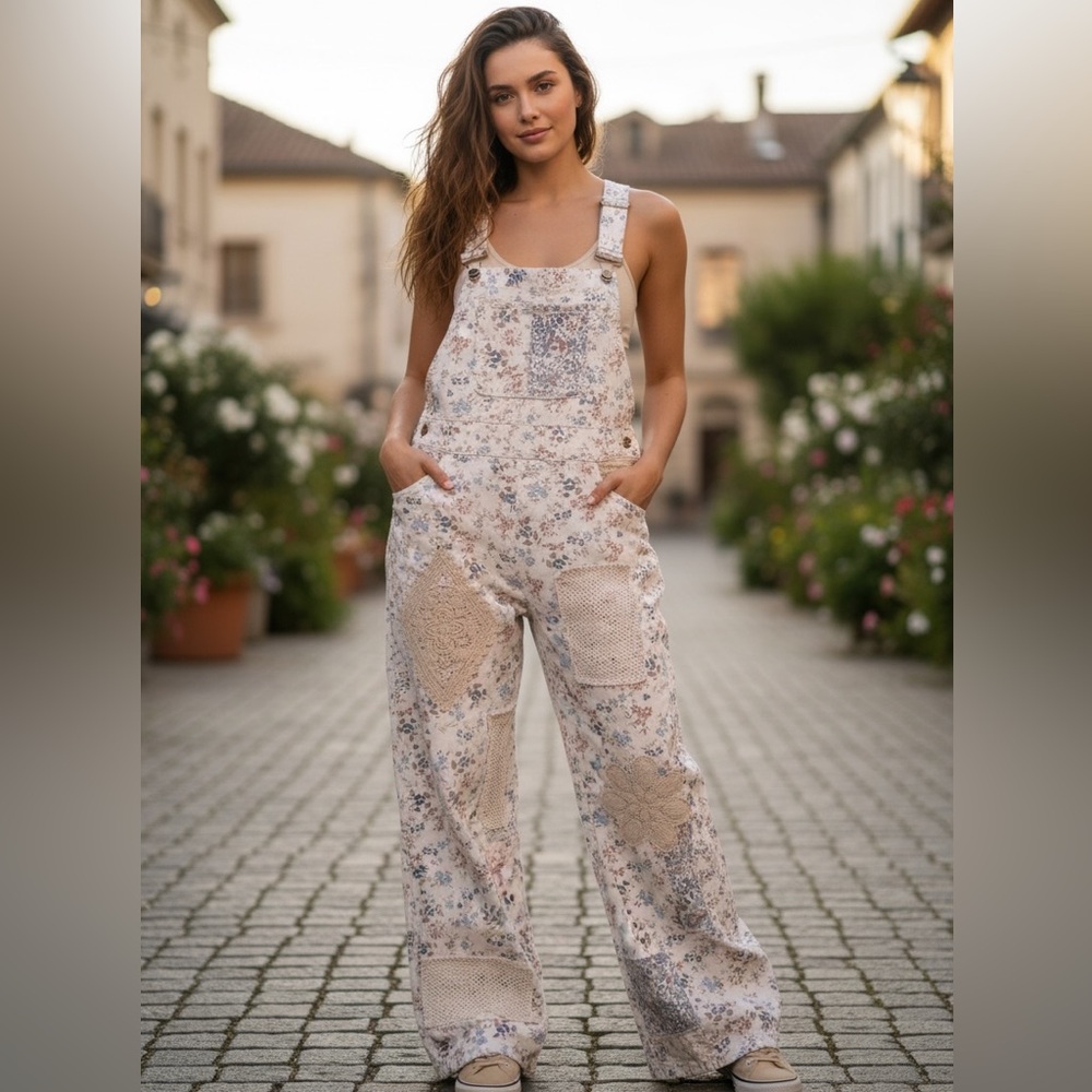 POL Large floral mixed print patchwork overalls N… - image 1